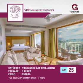 VIBE MUNNAR RESORT &SPA 1 NIGHT  (VIBE LEGACY SUIT  WITH JACUZZI)